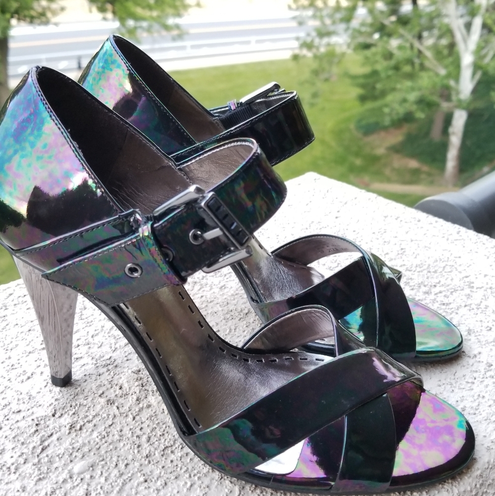 Iridescent oil slick petrol high heel sandals, sz7 - Picture 2 of 11